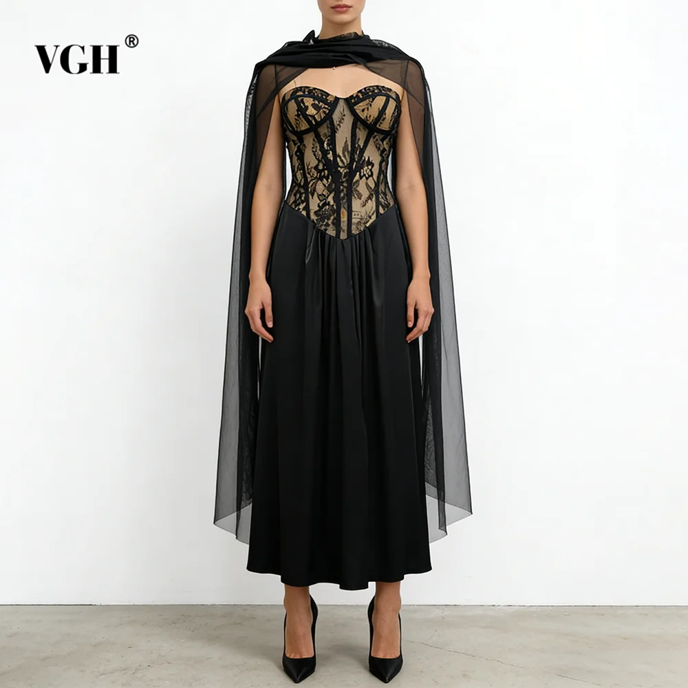 

VGH BLACK Loose Spliced Shawl Dresses for Women Strapless Sleeveless Gentle IntellectualDress Female Summer Fashion New Clothing