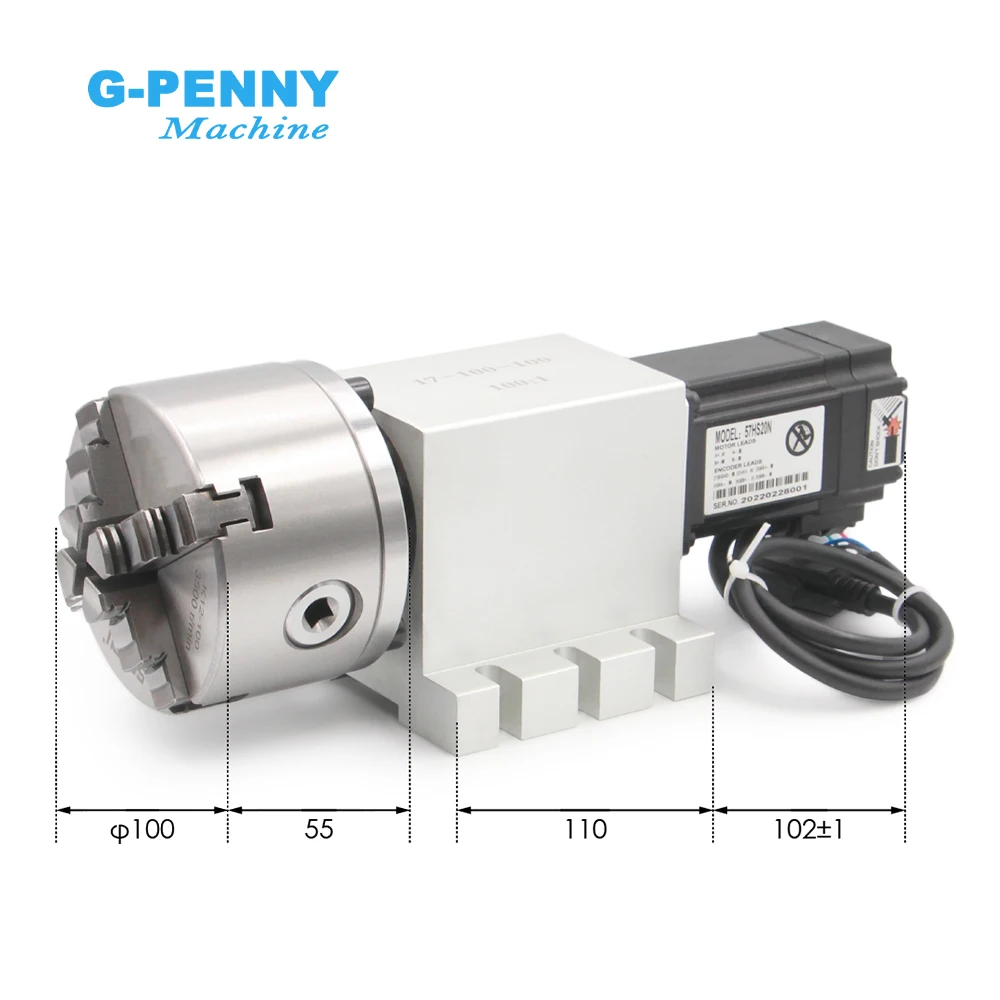 Harmonic 4th Axis 3/4 Jaw 100mm CNC Dividing Head/Rotation Axis/A axis NEMA23 2.2N.m & HBS57 Closed Loop Stepper Motor Kit