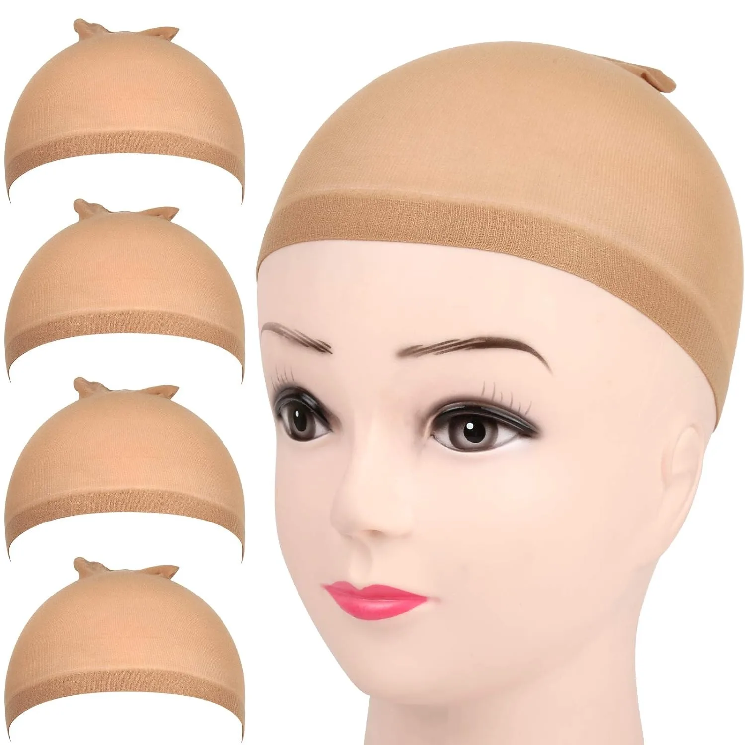 

4 pieces Light Brown Stocking Wig Caps Stretchy Nylon Wig Caps for Women