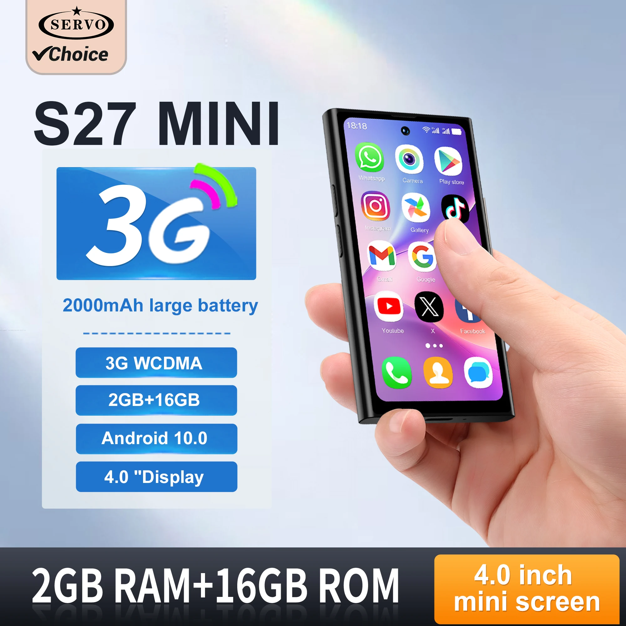SERVO S27 Mini 3G WCDMA هاتف ذكي صغير بشريحتين وفتح الوجه Android10.0 Google Play 2GB + 16GB هاتف محمول ذكي صغير بشاشة 4.0 بوصة