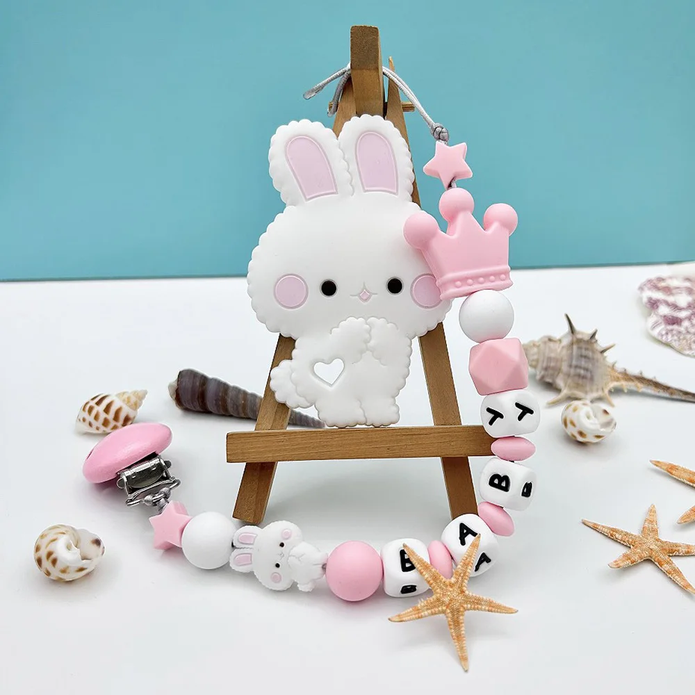 Customized Name English Letters Name Baby Rabbit for Silicone Pendant Pacifier Clips Chains Holder Teether Baby Kawaii Toy Gift