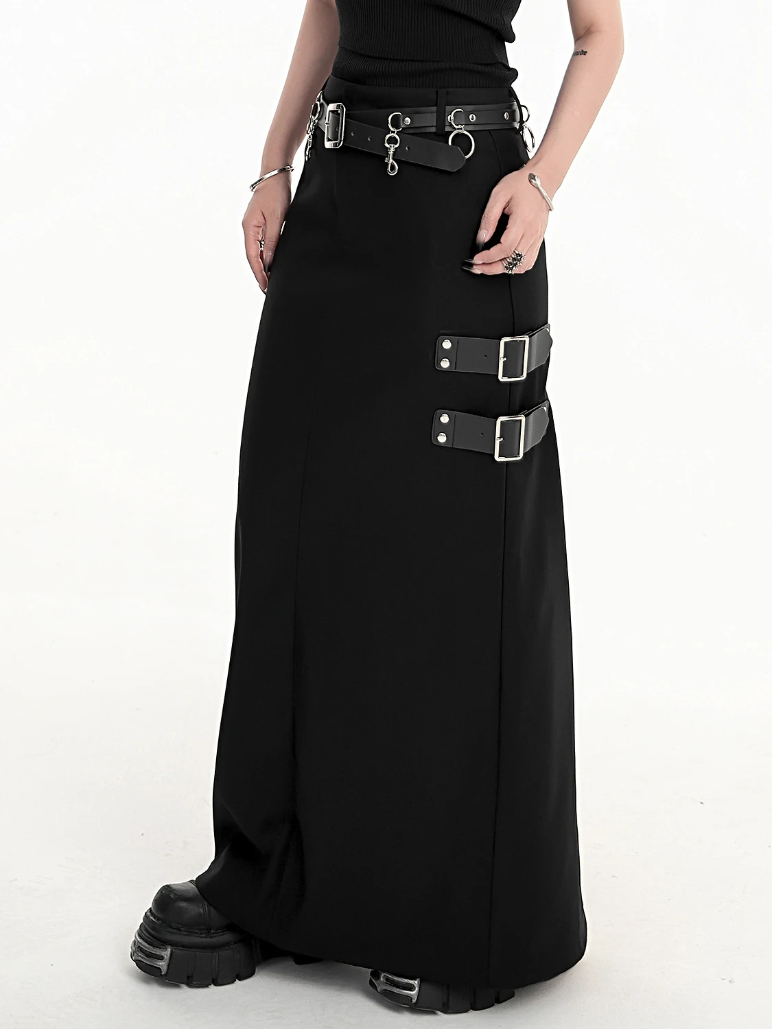 

New Summer Gothic Harajuku Punk Hot Girl Black Straight Suit Skirt Belt Buckle Decoration Skirt Fashion Girl Hip Hop Long Skirts