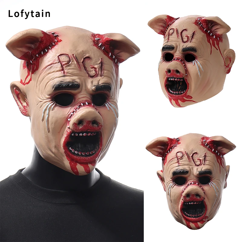 Lofytain Horror Saw Cry Pig Head Mask Cosplay Bloody Demon Killer Animal Helmet Halloween Carnival Night Club Party Props