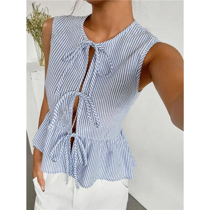 【Feestdecoratie】Dames Gestreepte Print Tie Front Knoop Ronde Hals Mouwloze Tank Blouses Ruche Peplum Tops