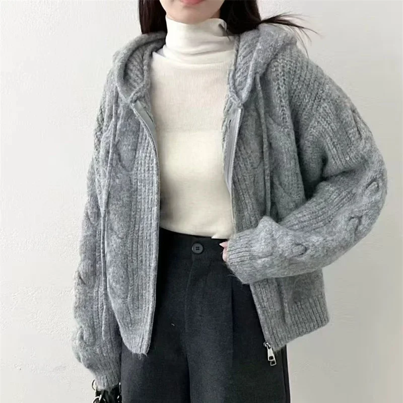 100% pure cashmere sweater hoodie jacket casual knit zipper knit cardigan autumn and winter women's coat Korean fashion