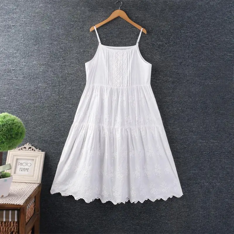 

Summer New Japan Style Sweet Mori Girl Embroidery Cotton Slip Dress Women Spaghetti Strap Solid Color Casual A-Line Mini Dress