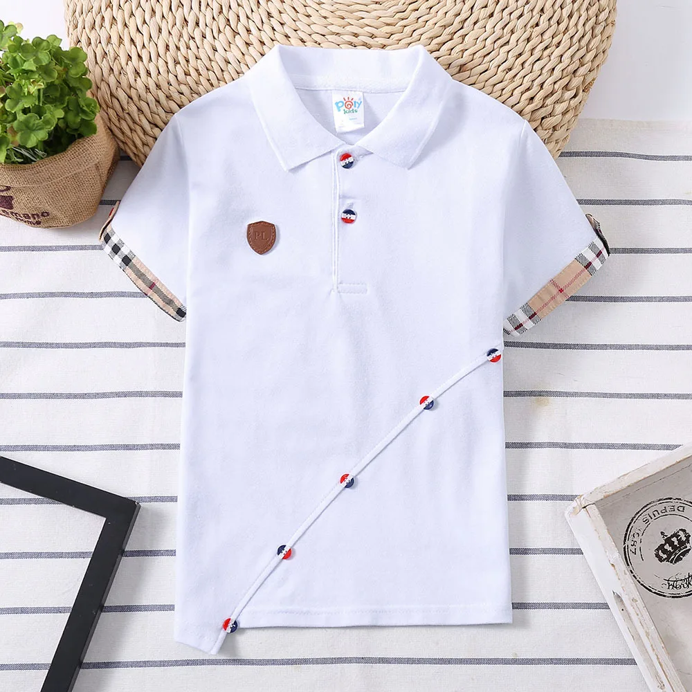 Boys New T-shirt Summer Stripe Plaid T shirt Girls cotton Clothes England Style Tees Kids Turn-down Collar Children\'s Clothing