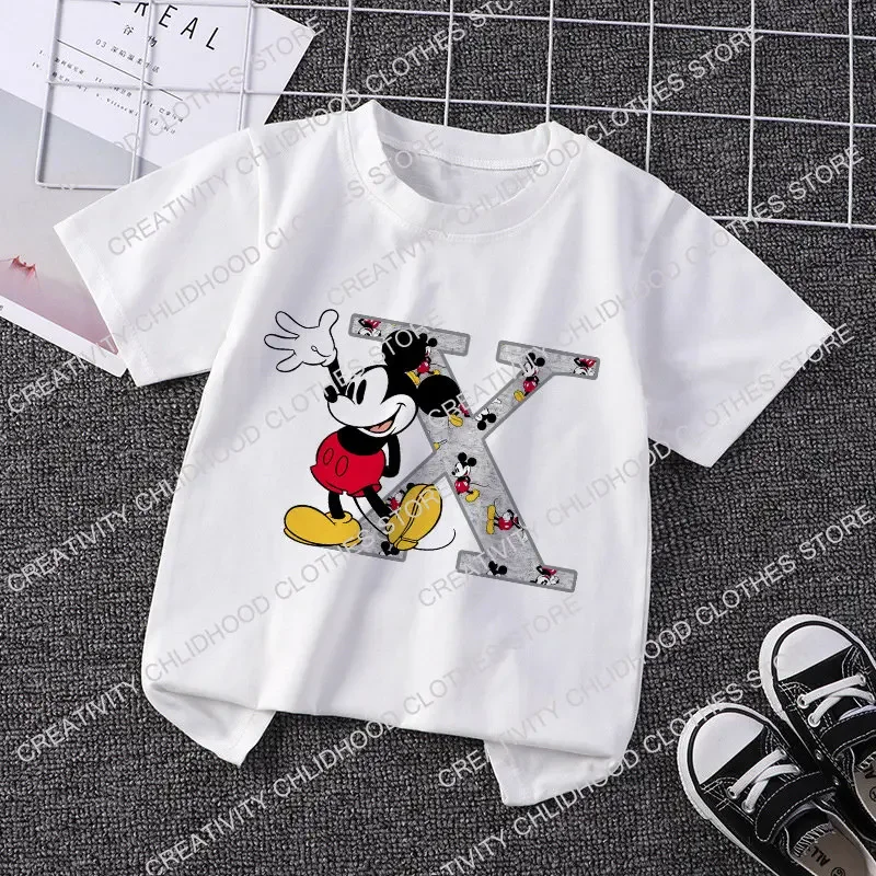 Mickey Mouse Children\'s T-Shirt Letter Name Combination Tee Shirts Disney Cartoon Kawaii Kid Casual Clothes Girl Boy Fashion Top