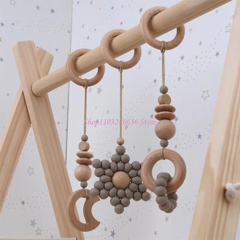 R6FD Baby Gym Frame Pendant Stroller Rattle Wooden Ring Beads Teether Nursing Molar Teething Shower Gifts for Infants