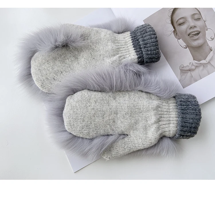 Real Fox Fur Gloves Knitted Women Mittens Winter Girls Fashion Fluffy Warm 100% Real Fox Fur Gloves