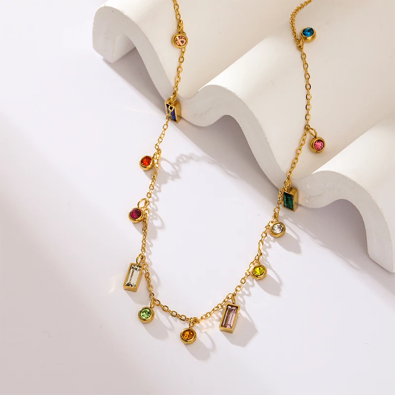 GANEMLY 2024 New Fashion Colorful Crystal Pendant Necklace For Women Elegant Neck Chain Waterproof Stainless Steel Jewelry Gift