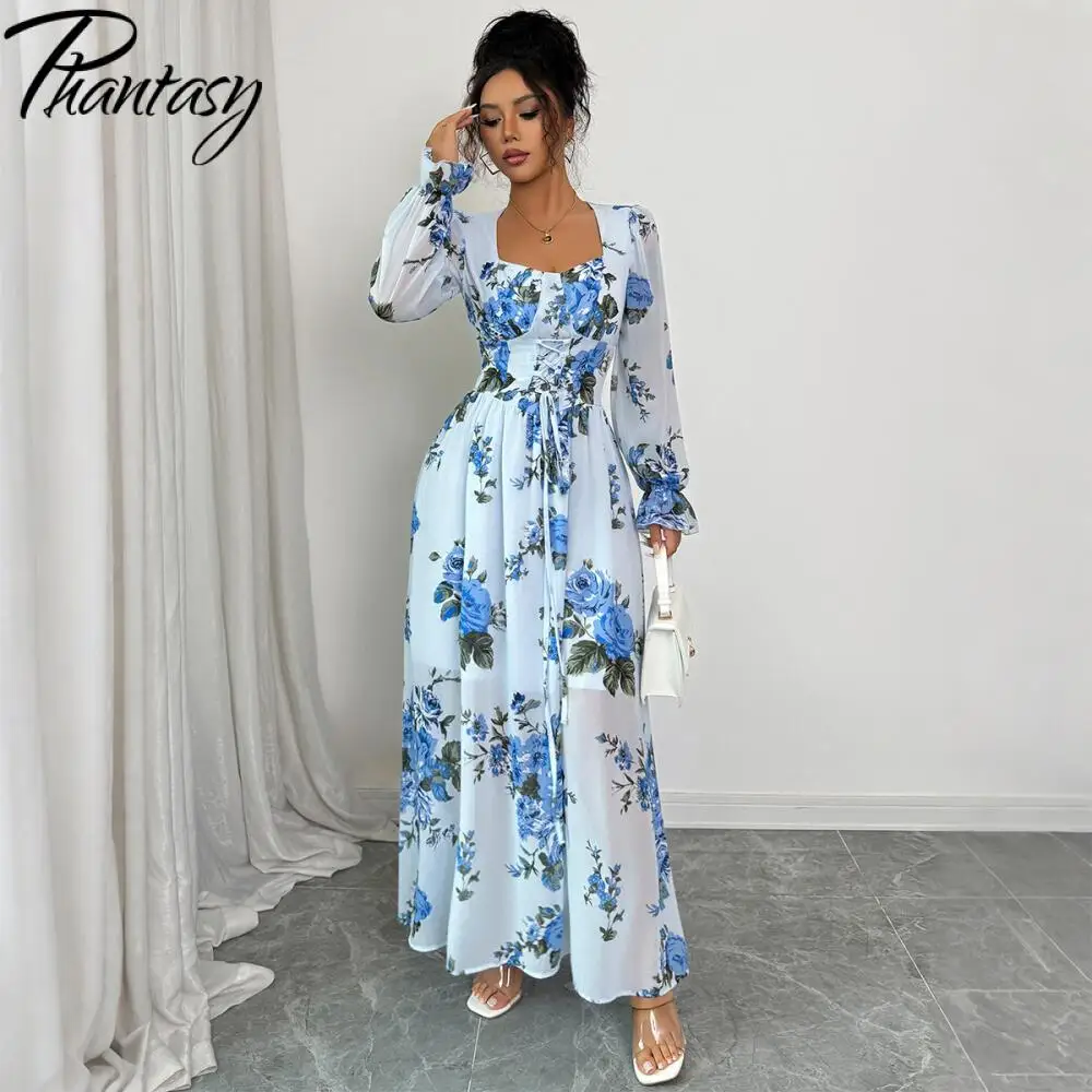 Fantasma estilo francês vestido moda u-pescoço manga comprida simples flor impressão sexy feminino vestido de dupla camada roupas femininas