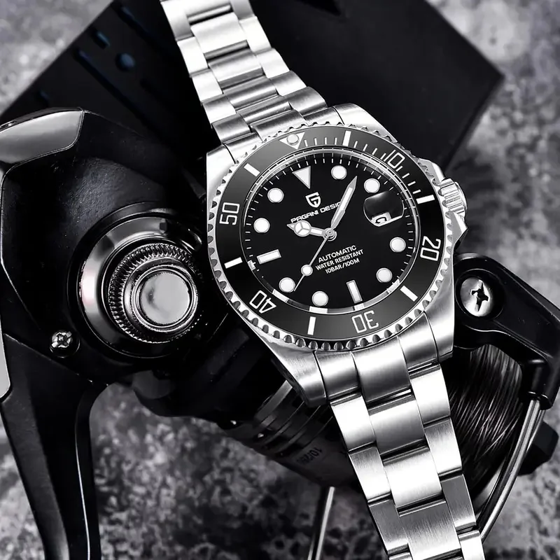 Pagani Design PD-1639 Men Automatic Diver Watch Two Tone Gold Silver Stainless Steel Bracelet Black Dial 100M Waterproof Luminou