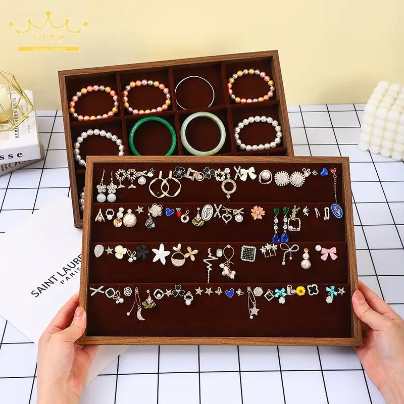 

Brown Velvet Jewelry Storage Tray Rings Earrings Display Organizer Necklaces Pearl Chains Holder Bracelets Jewelry Display Props