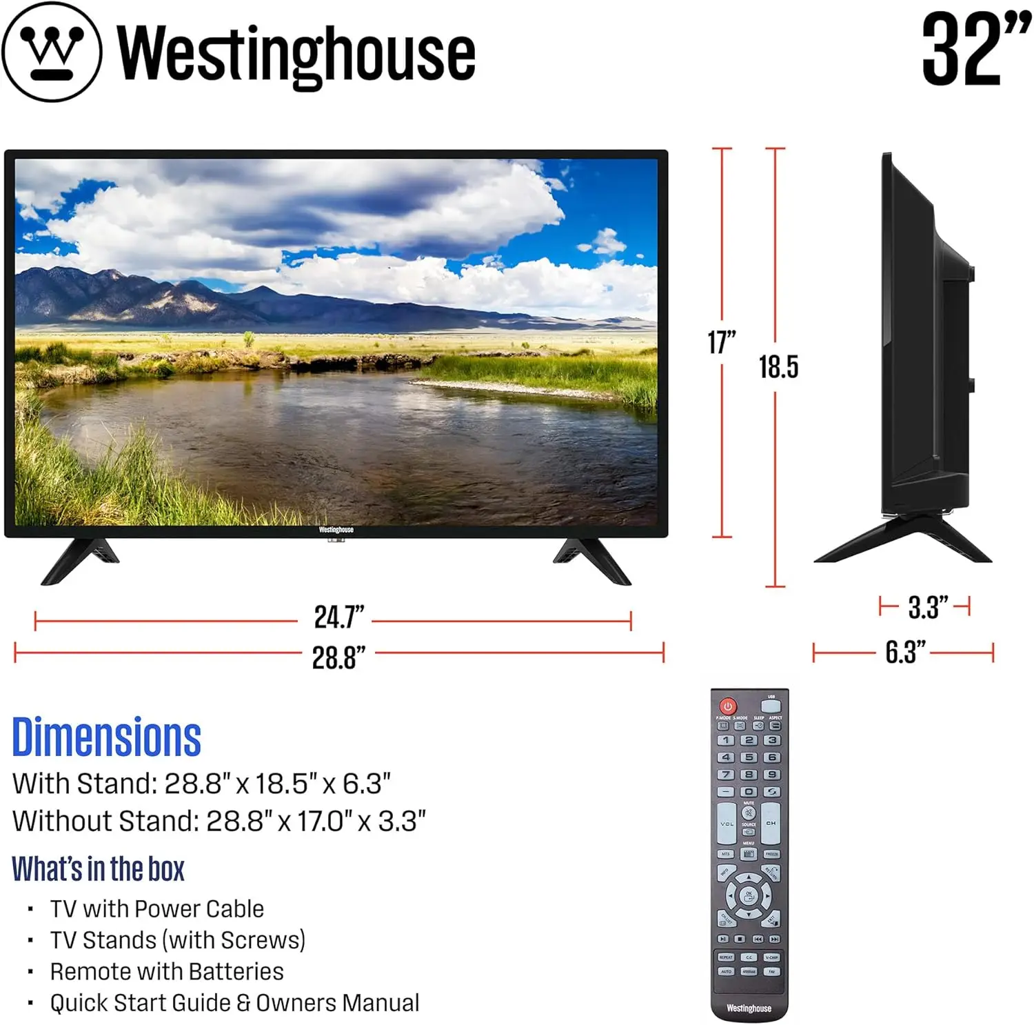32 Inch TV, 720p HD LED Small Flat Screen TV with HDMI, USB, VGA, & V-Chip Parental Controls, Non-Smart TV or Monit