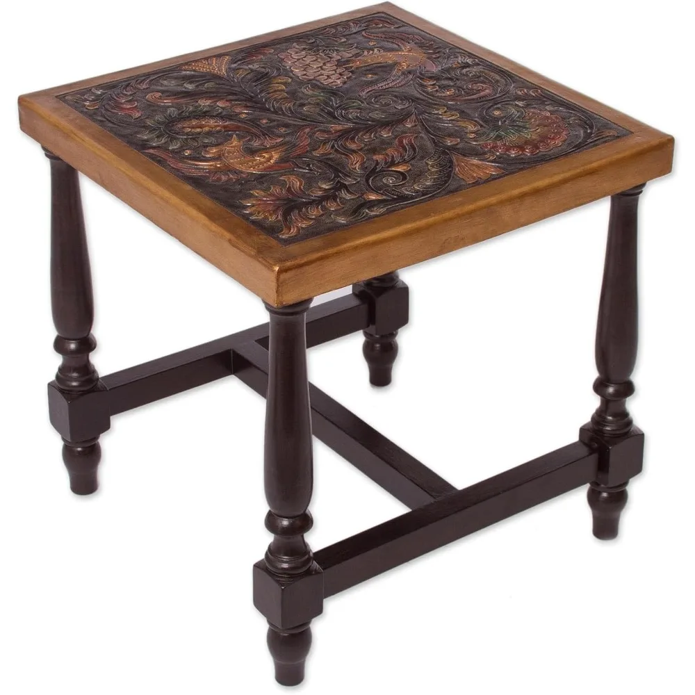 Artisan Handmade Leather Wood Table Colorful Bird Natureinspired Brown Multicolor Peru Furniture Coffee Tables