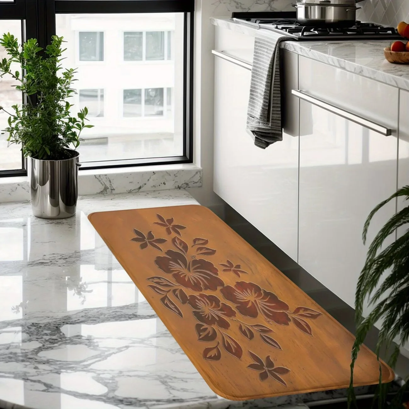 Carved Wood Texture Brown Kitchen Mat Non Slip Stain Resistant Floor Rug for Entryway Bathroom Floral Printed Comfort Cushion