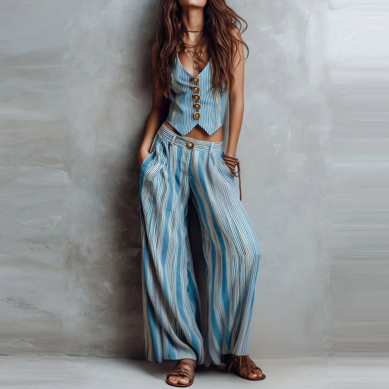Summer 2026 Casual Stripe Patterned Wide Leg Pants And Vest Set Women's Leisure Fashion Commute Style Four Seasons Suitable