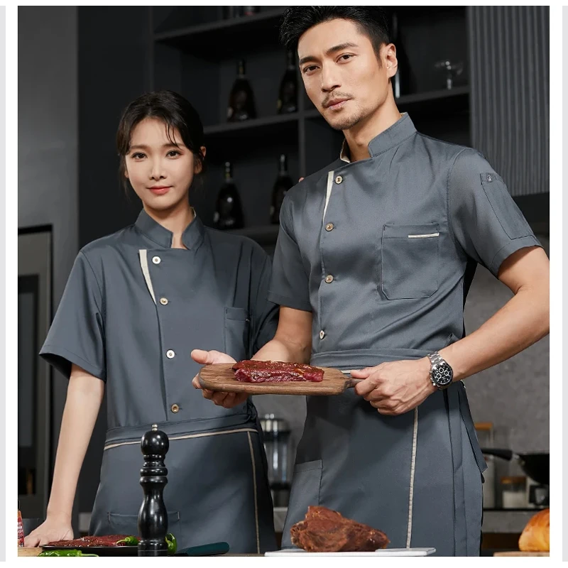 Zomer koksjas restaurant keuken chef-kok werkuniform ober shirt food service kookjas kapper catering bakkerij overall