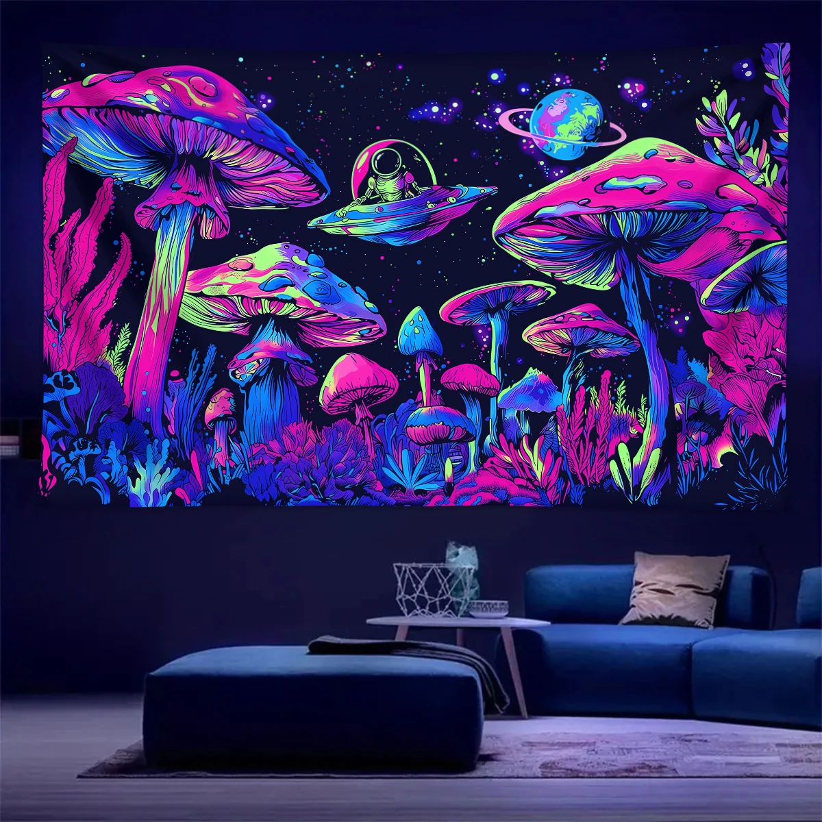 1pc Fluorescent mushroom tapestry, UV tapestry, dreamy mushroom plant black light tapestry, room and living room decoration view 3