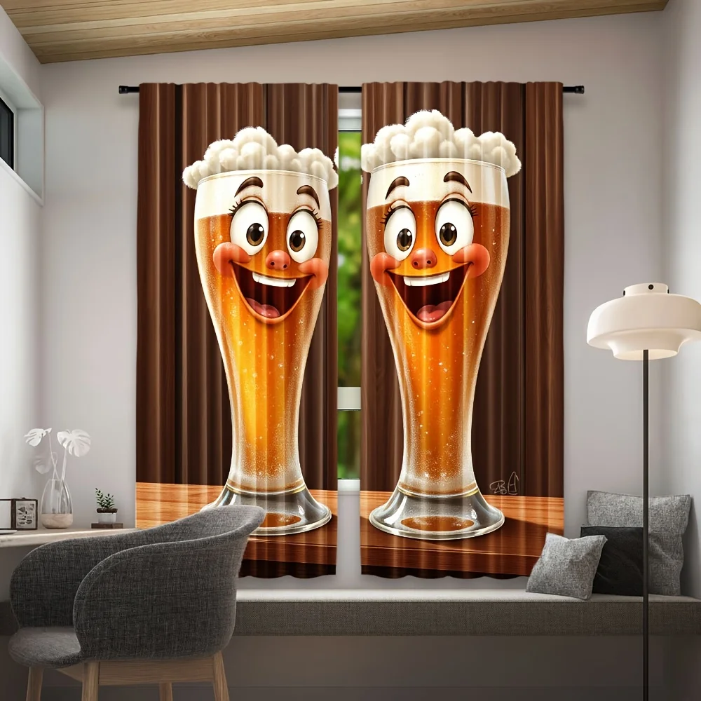 Two glasses of beer with smiling faces Print Drapes Room Darkening Window Curtains for Home Decor,Rod Pocket Blackout Curtains
