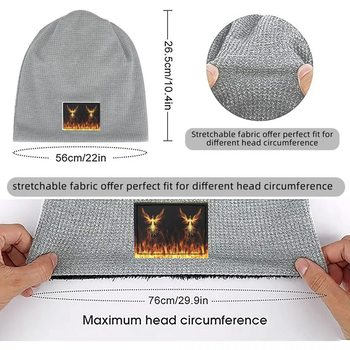 Majestic Phoenix Mythical Bird (3) Waffle Knit Fleece Lined Beanie with PU Leather Patch Unisex Warm Winter Soft Cap