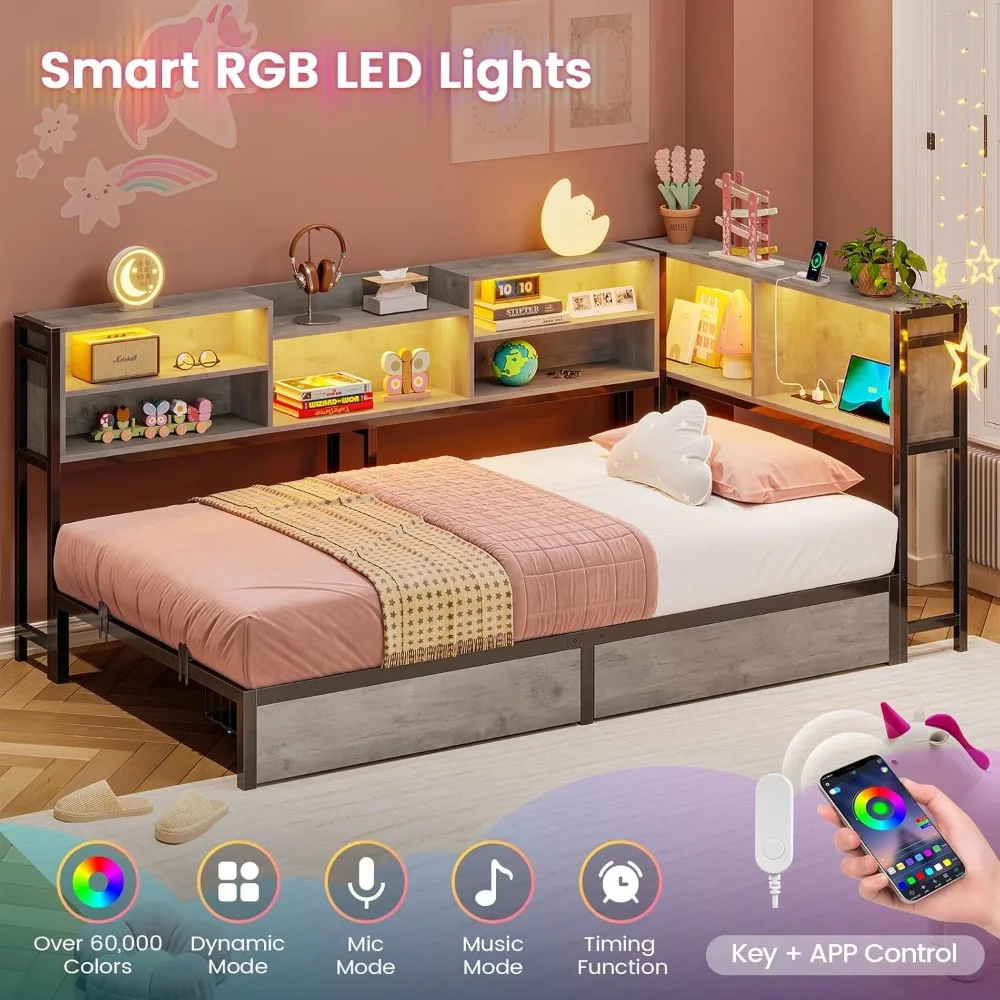 Tempat Tidur Sudut Twin XL dengan Rak Buku Penyimpanan, Tempat Tidur Siang Ukuran Twin XL dengan 2 Laci Penyimpanan di Bawah, Unit Tempat Tidur Anak