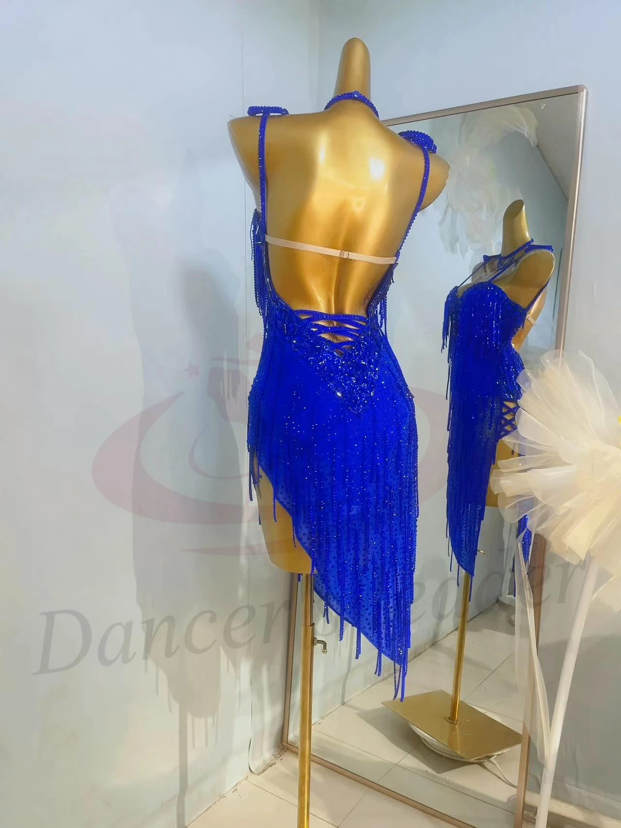 Latin Dance Competition Women's High-end Custom Blue Mesh Diamond Stripe Dress Tango Samba Performance Rhinestone Dress