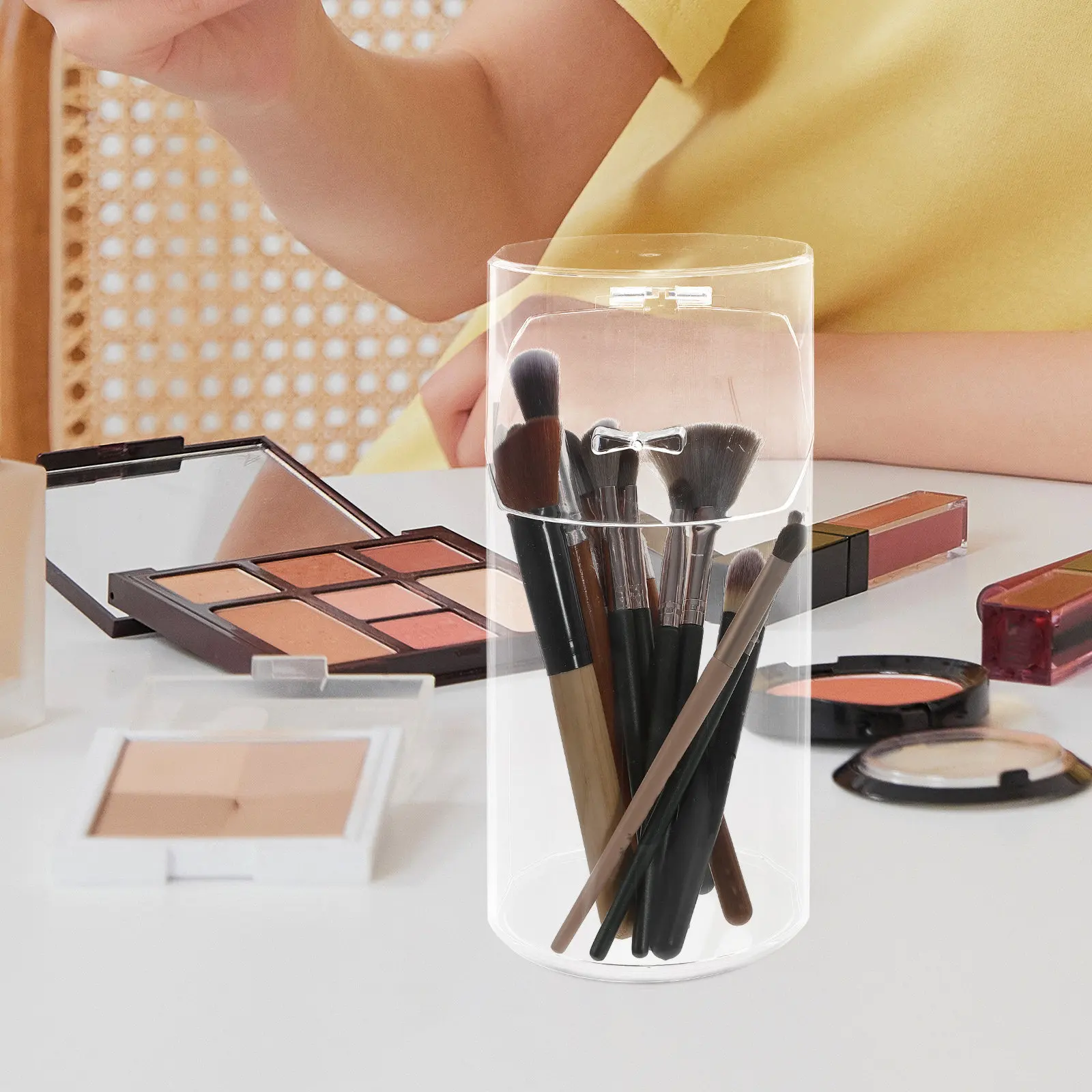 Acrylic Makeup Brush Holder Pen Storage Organizer Clear Desk Pen Holder for Office Home Bathroom Living Room Brush Storage Box