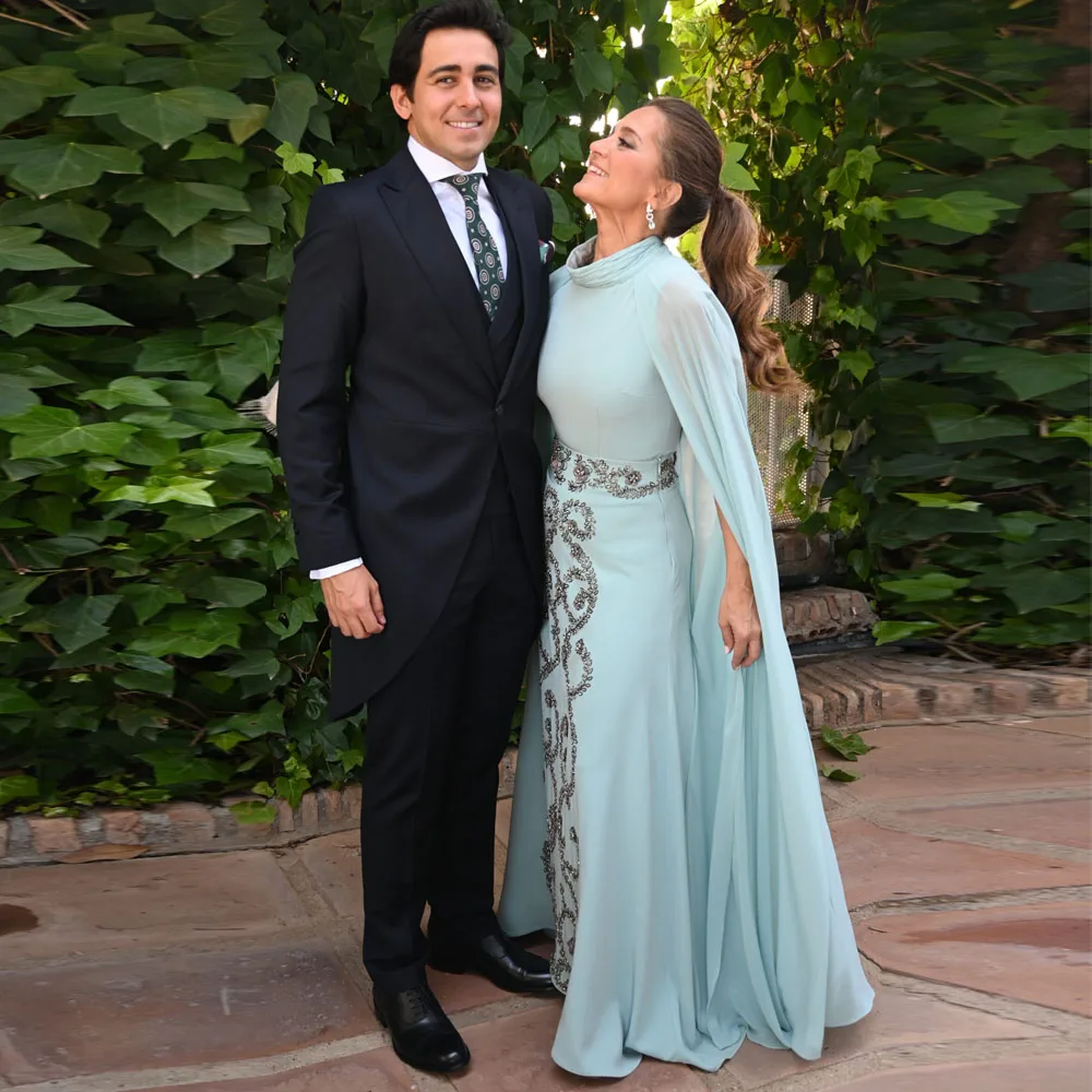 花嫁の母のためのカスタムメイドドレス、ショール付きハイネックAライン、フォーマルな結婚式のゲストドレス、ビーズ付きシフォン、ベスティドス・デ・フィエスタ