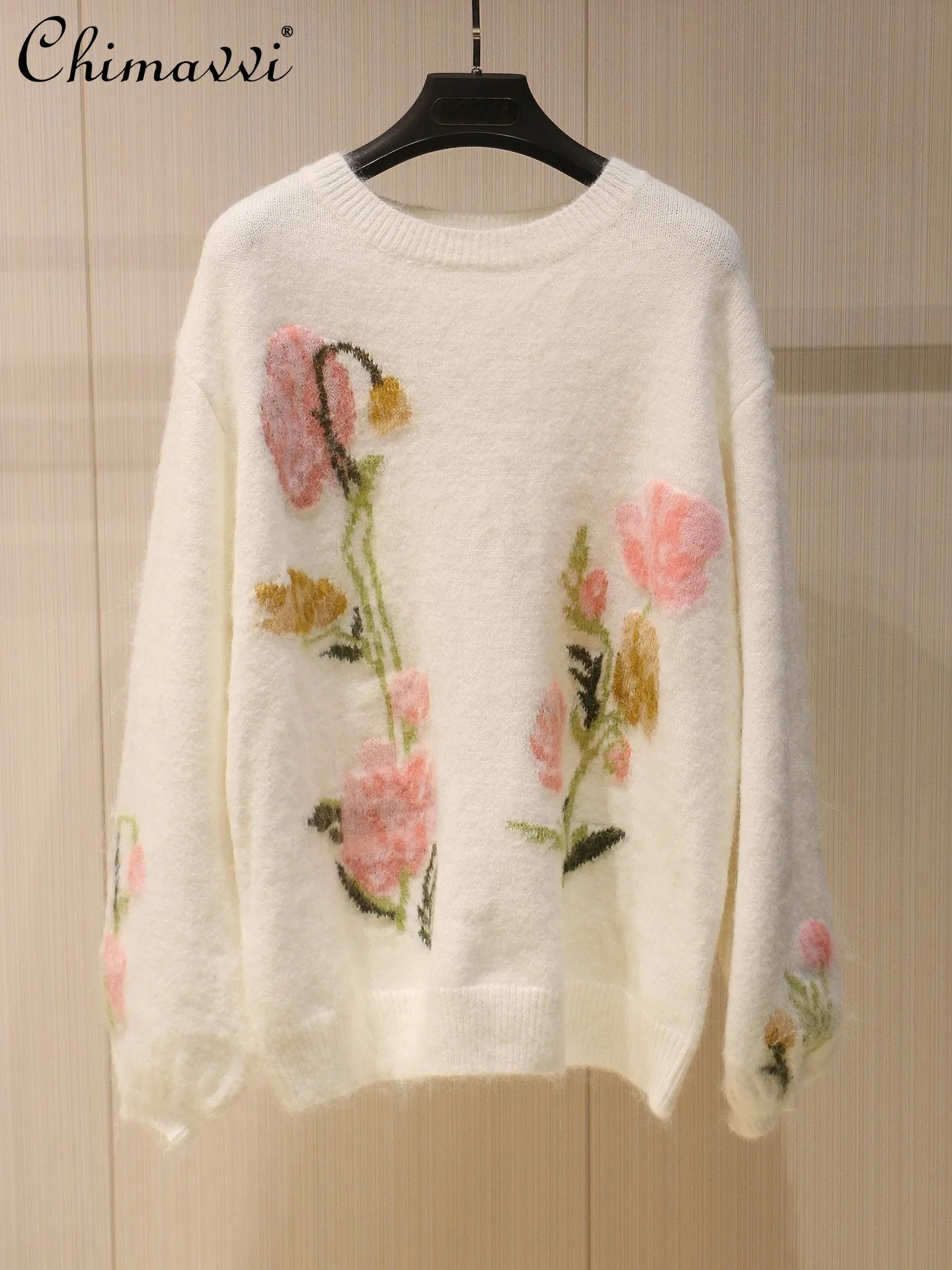 

2026 Spring and Autumn New Fashion 3D Flower Embroidery Round Neck Pullover Sweater for Women Loose Heavy Knitwear Tops