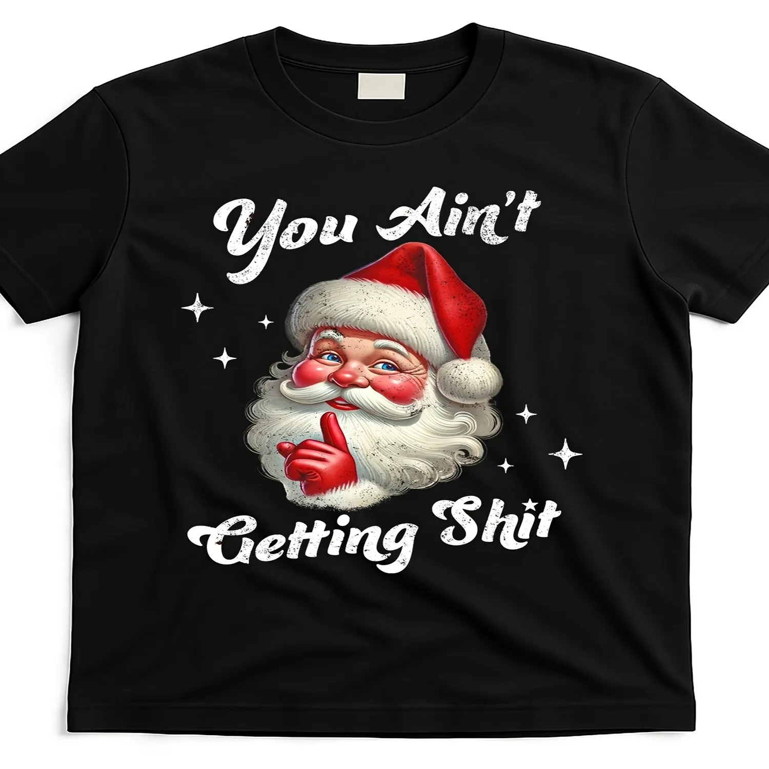 Unisex Naughty Shushing Santa Retro Vintage Heavyweight Casual Round Neck Holiday Party Humorous Printed Short Sleeve Tee 100 180G Funny Meme Holiday Graphic Tee 2026 US Hot Search lightweight tshirt, unisex t-shirt