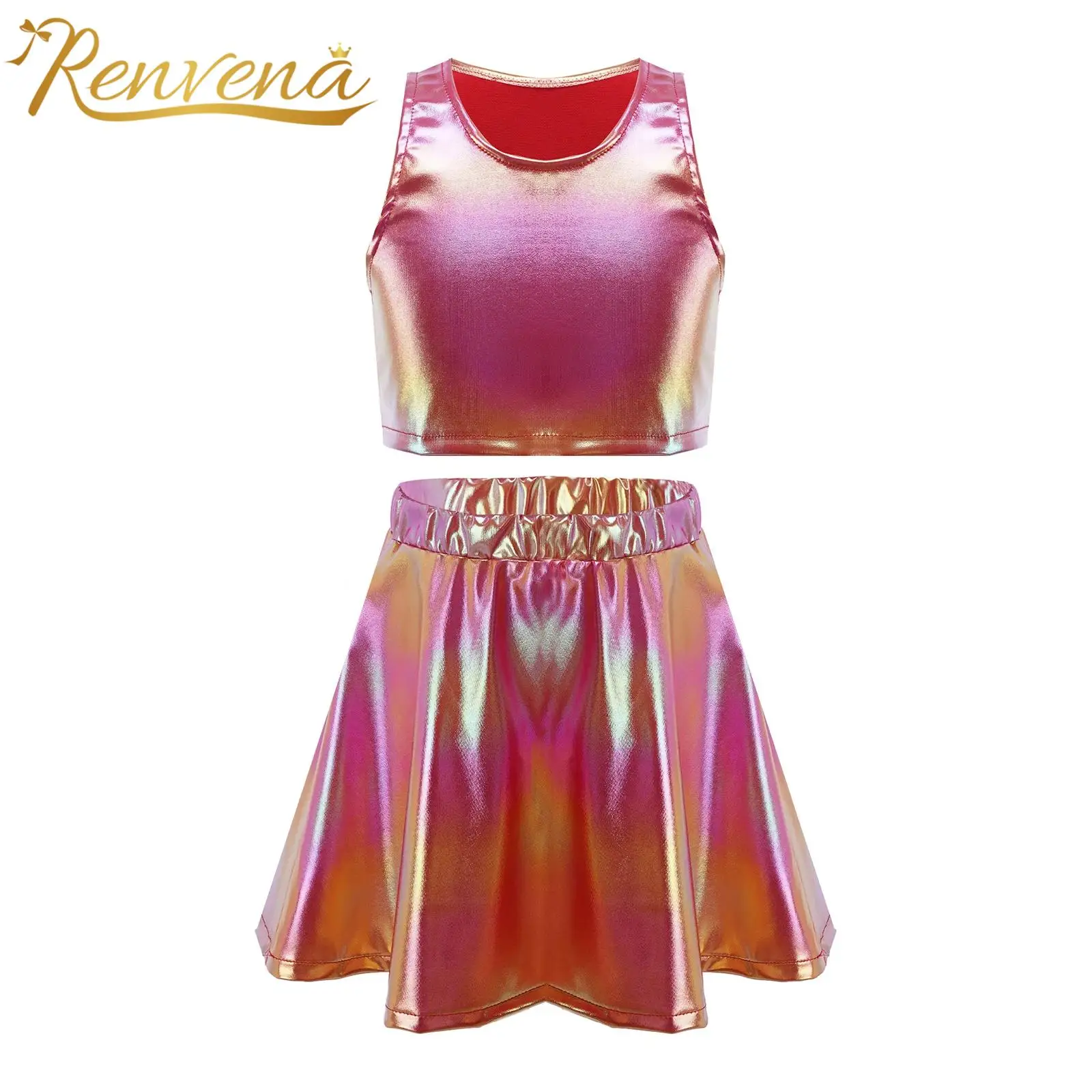 Children Hip Hop Clothes Sets Cheerleading Uniforms Kids Girls Metallic Jazz Cheer Dance Outfit Sleeveless Crop Top with Skirt