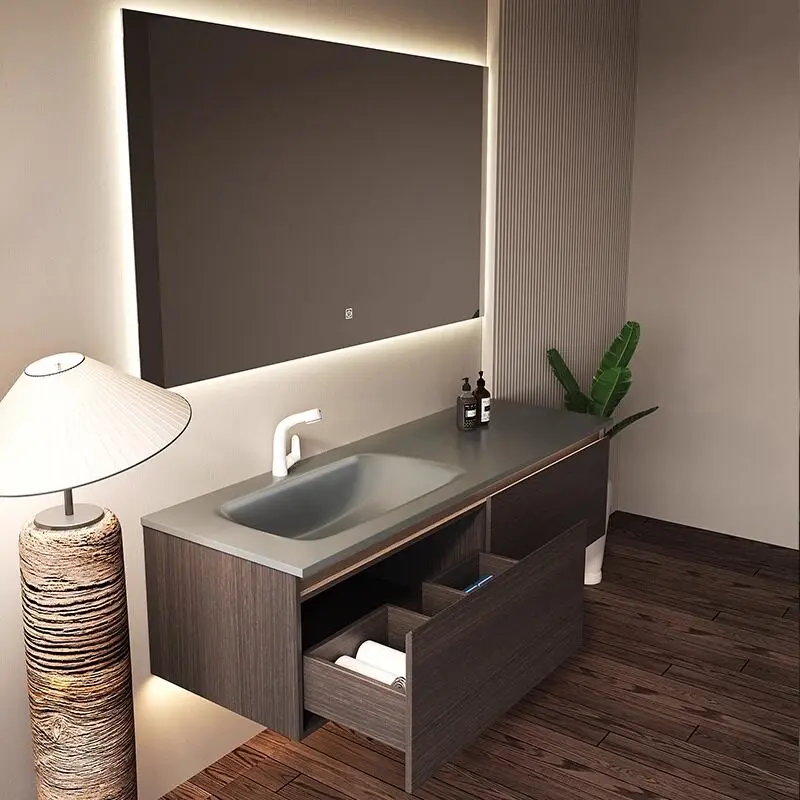 

Тумба для ванной комнаты с интегрированной раковиной из каменной плиты, изготовленной методом горячей гибки, комбинация тумбы с унитазом и раковиной.