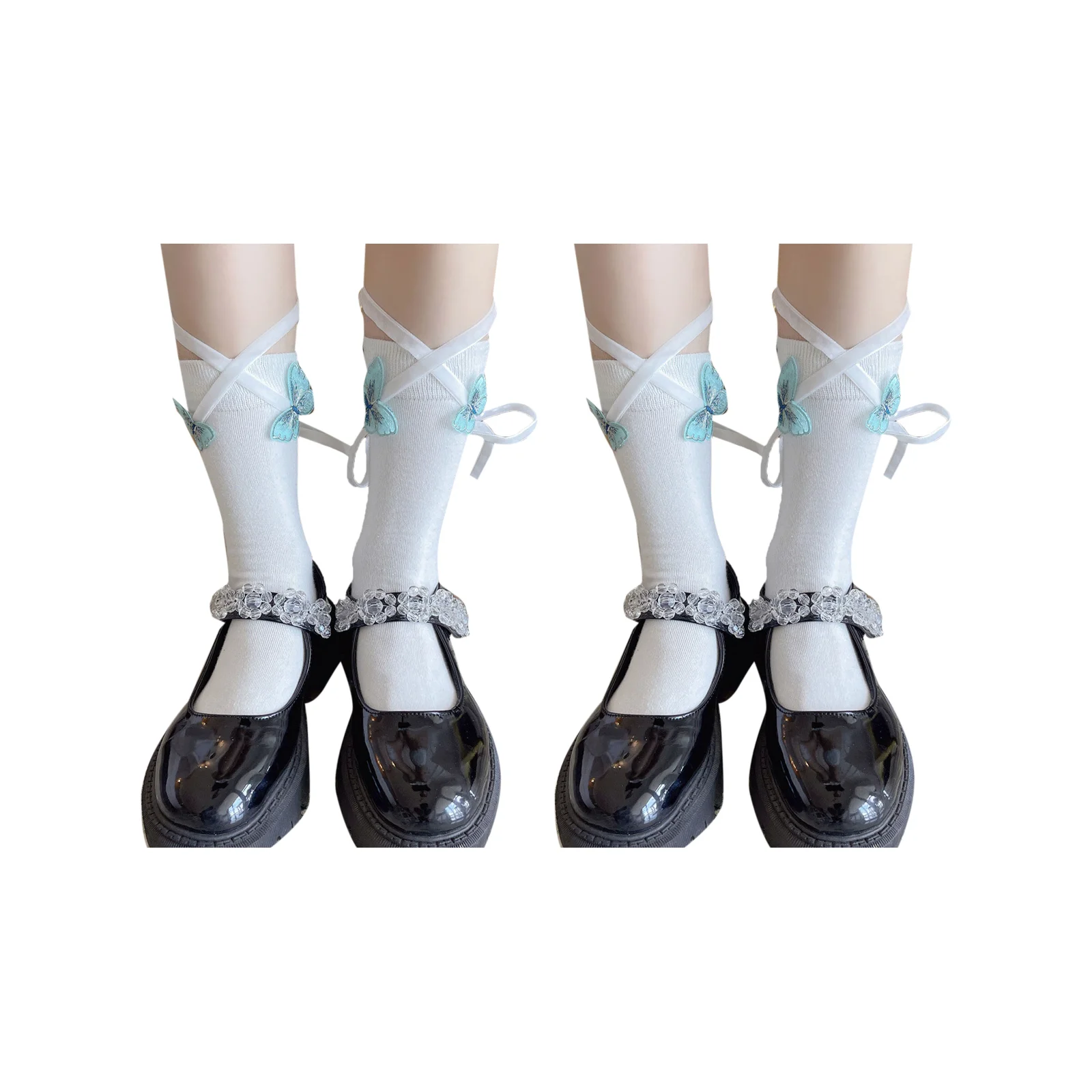 Sweet retro fairy style butterfly strap calf socks set (milk white blue/milk white pink/black blue/black and white/black pink)