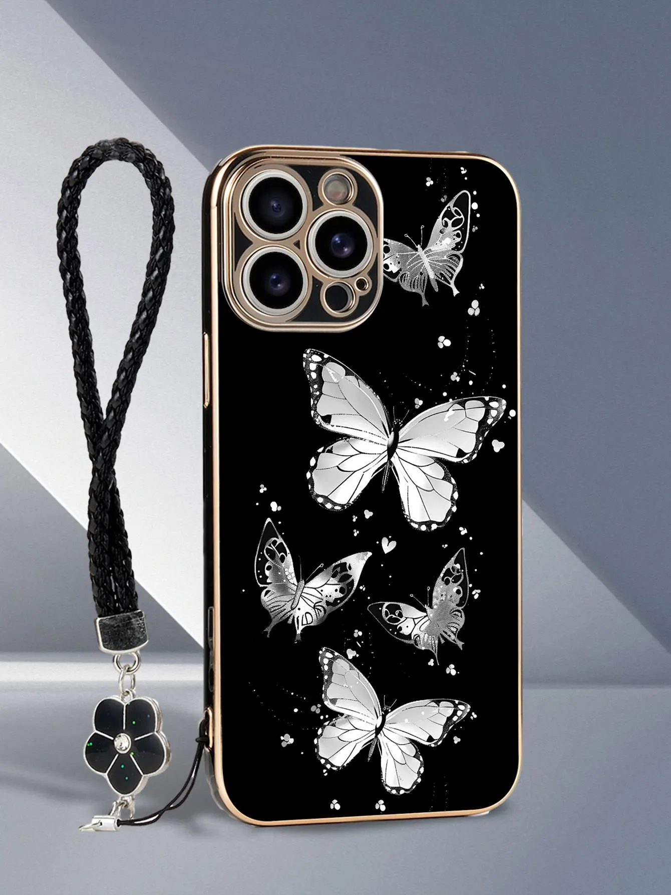 Luxury Plating Flowers Butterfly Pattern Lanyard Painted Phone Case For iPhone 17 14 13 Pro Max 16 15 Plus Protective Back Cover