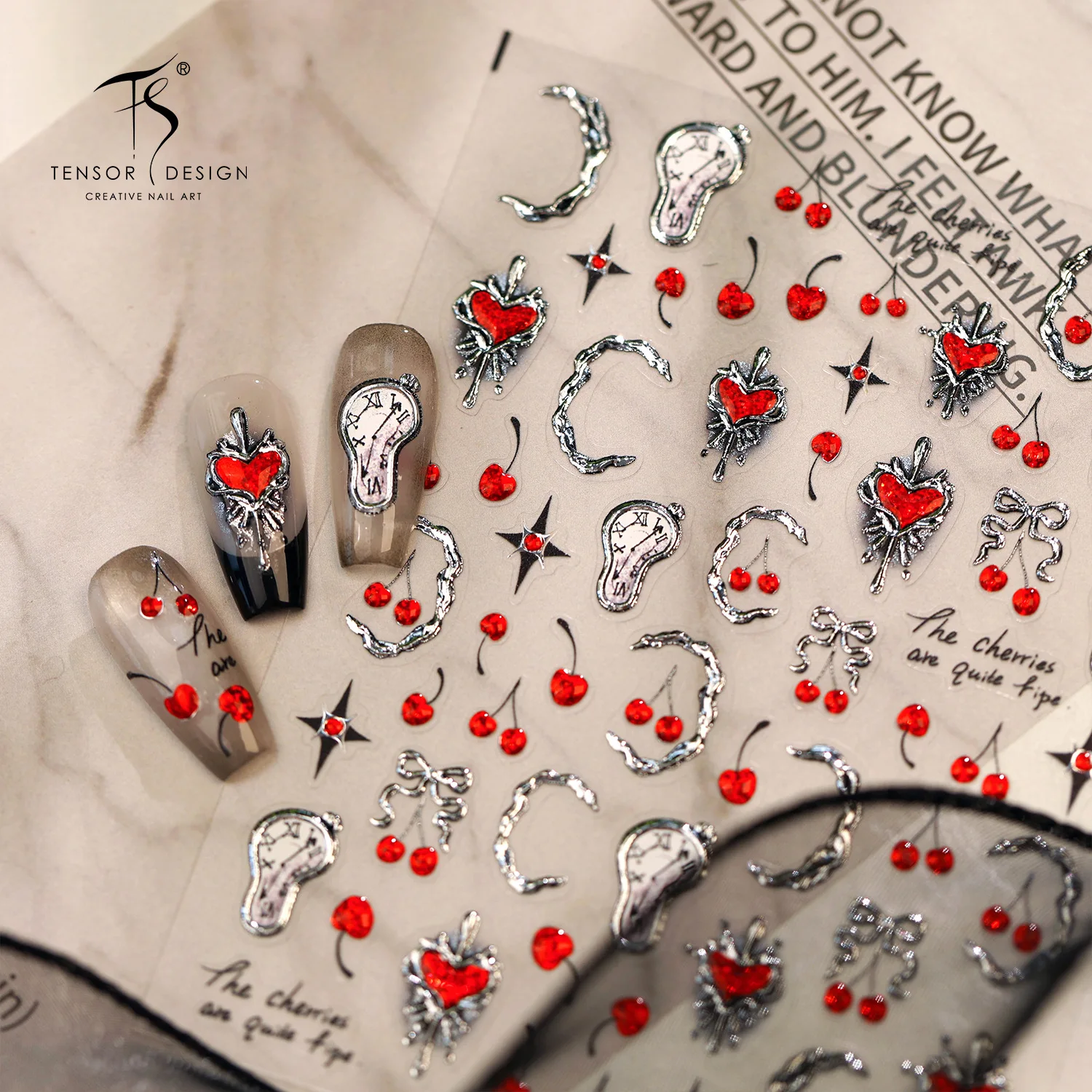 5D Embossed Gothic Bright Red Broken Heart Cherry Nail Stickers Dali Silver Melting Clock Asterism Decals Manicure Accessories