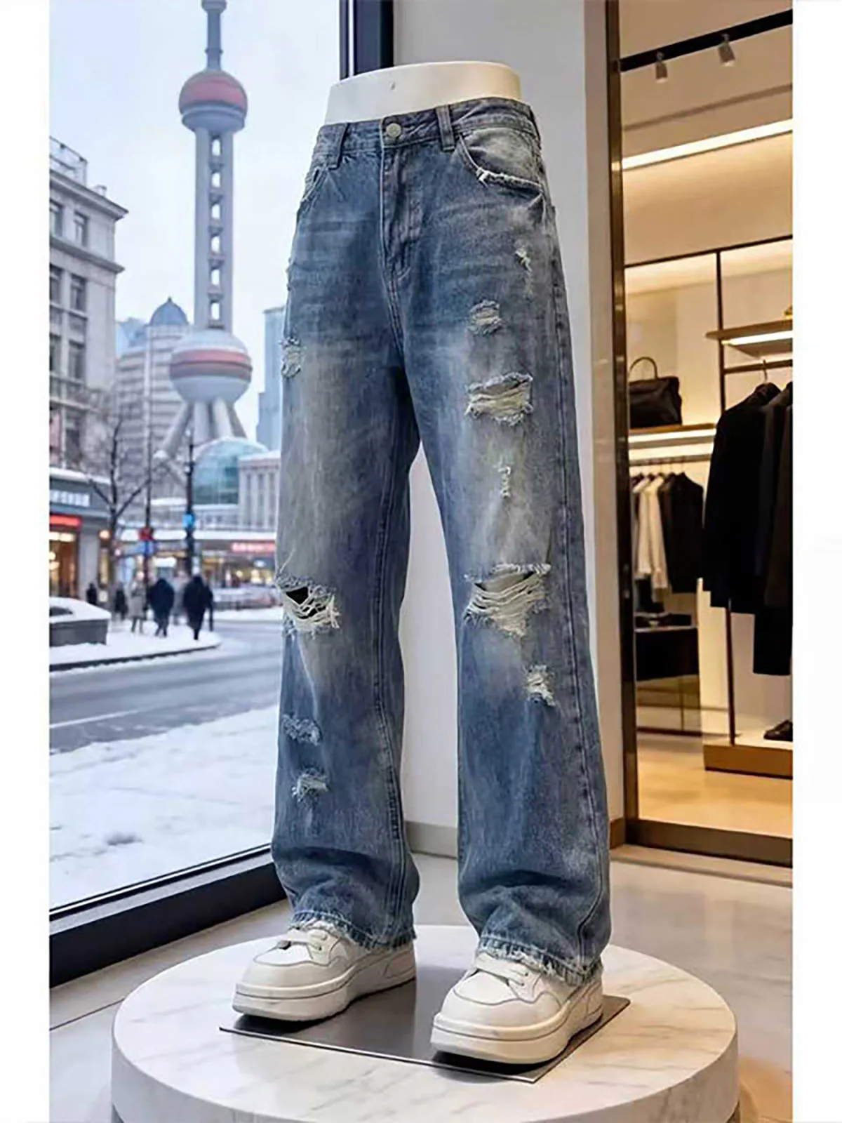 Blue Ripped Denim Jeans Men's Summer Thin Design Loose Elastic Straight Leg Micro Flared Pants Youth Fashion Casual Shorts