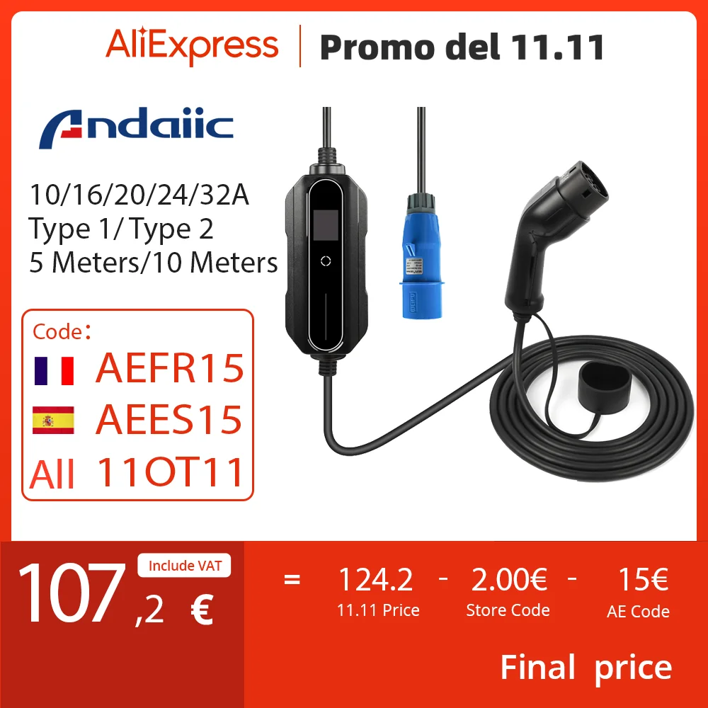 Mobile EV Charger Wallbox 32A Fast Type1 Type 2 CEE 3 Pins for Electric Car EVSE Cargador Auto Electrico