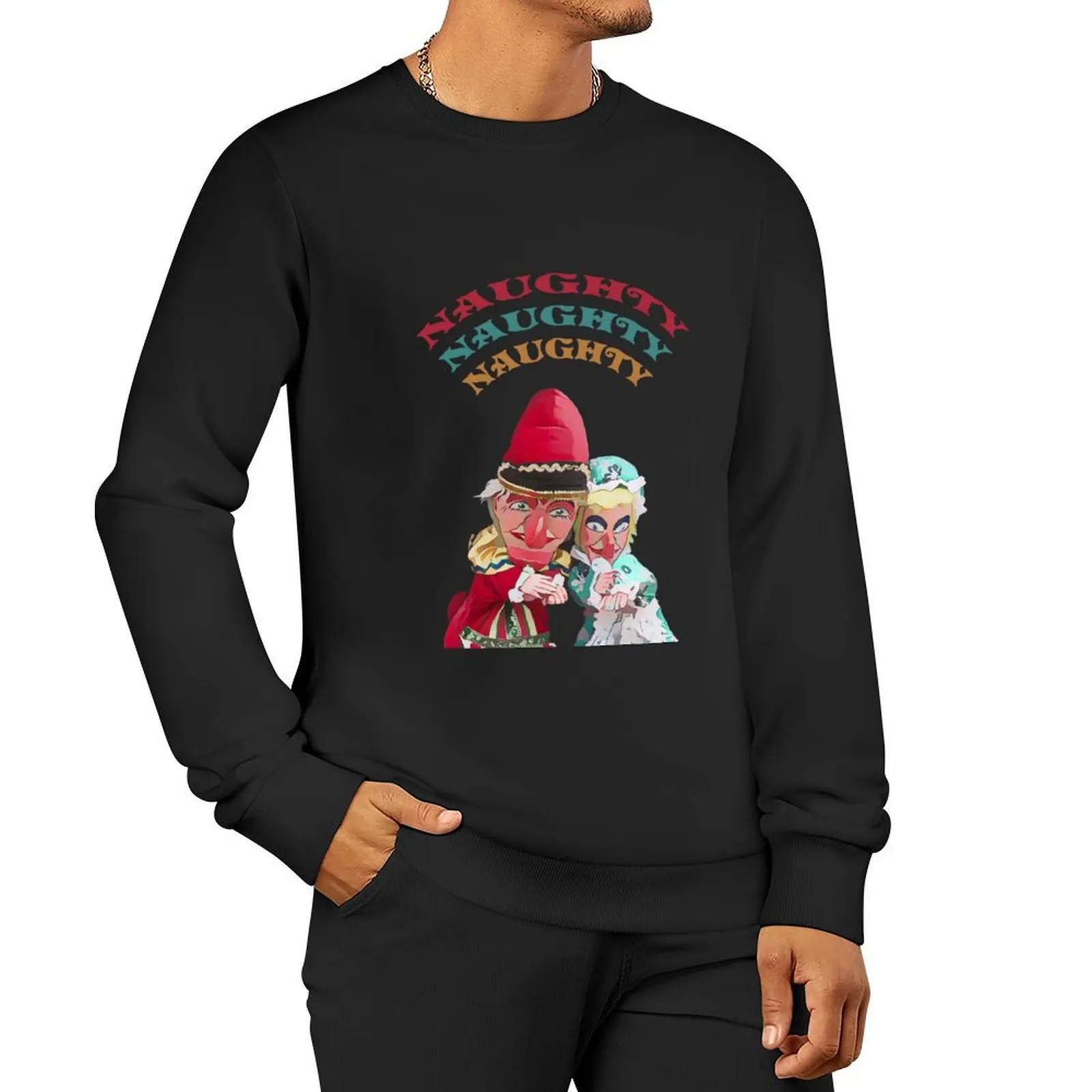 Traditional Punch and Judy puppets with Naughty Naughty Naughty text. White Background Pullover Hoodie