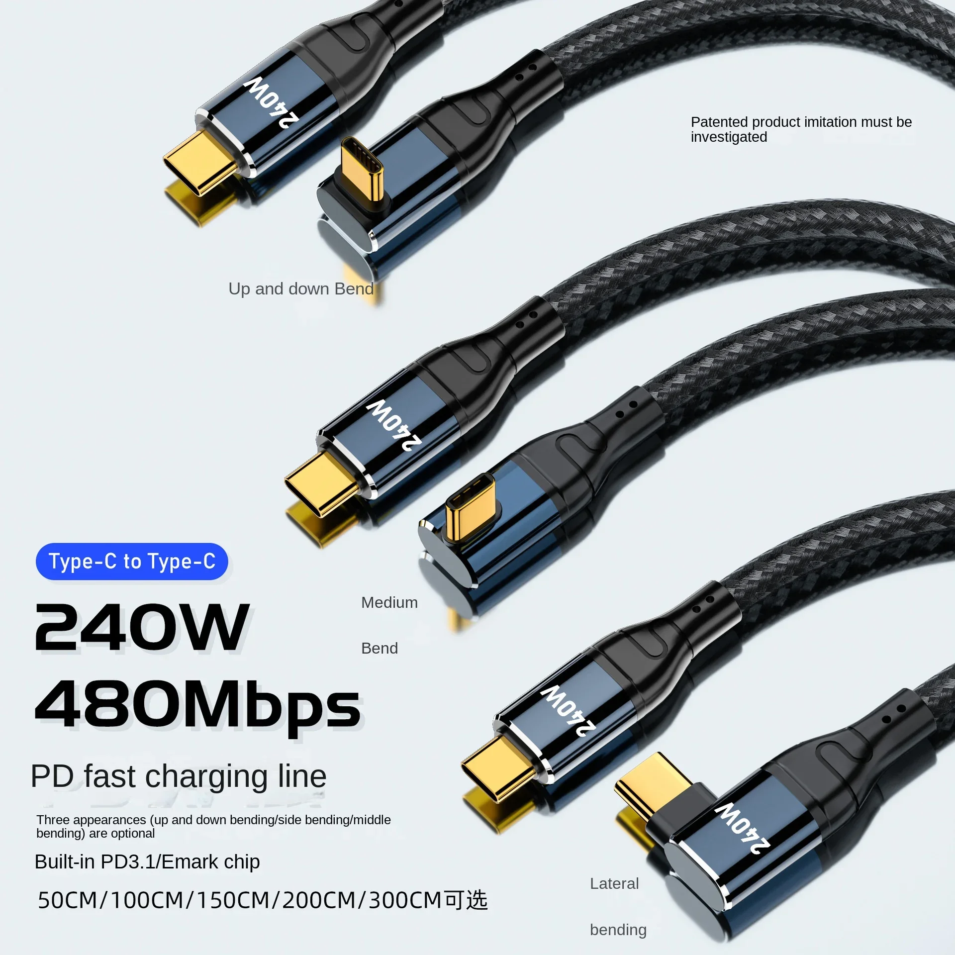 USB-C 240W Type-C Cable 480Mbps 90 Degree Right Angle 48V 5A Compatible with USB 2.0 100W Charging for Laptop Tablet Phone 10FT