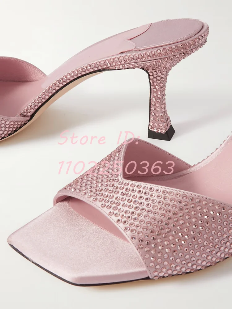 Pink Crystals Light Thin High Heels Slippers Satin Square Toes Shallow Stiletto Sandals Slip-on 2024 Office Lady Elegant Shoes