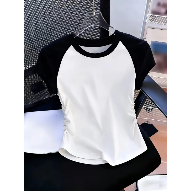 Women's 2026 New American Vintage Style Casual Colorblock Raglan Short Sleeve Slim Fit-Shirt with Waist Pleats, Suitable S