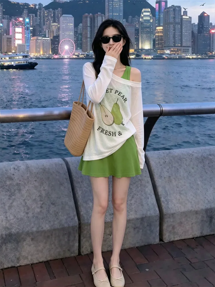 Summer Fashionable Fruit Print Long Sleeve Sun Protection Cover up Thin Women's T-Shirt Top Set Casual Style Standard Fit Cotton