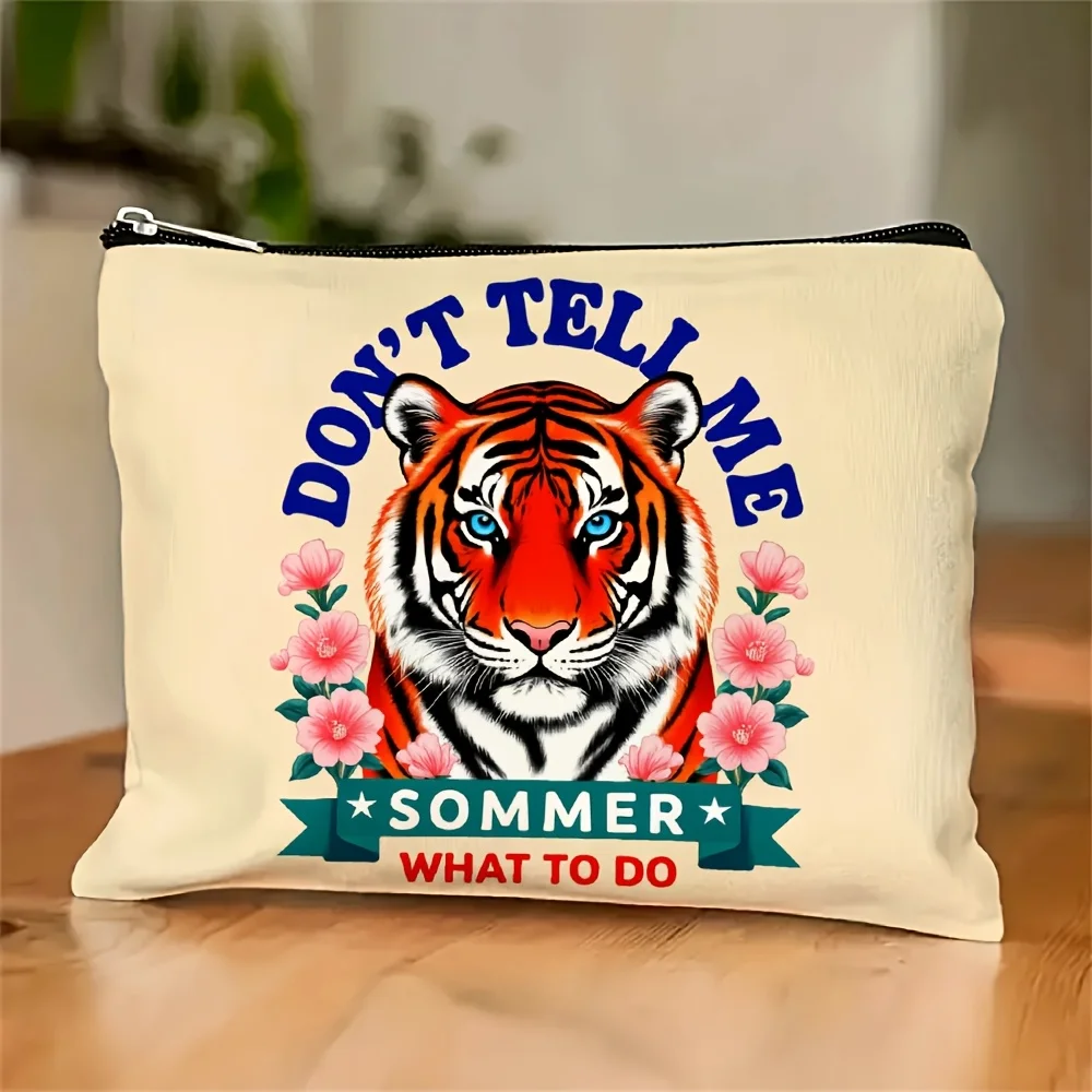 

A Tiger Stripe And German Slogan Cosmetic Bag- Multifunctional Zipper Pouch, Jewelry Storage Bag, Perfect Travel Zipper Small St