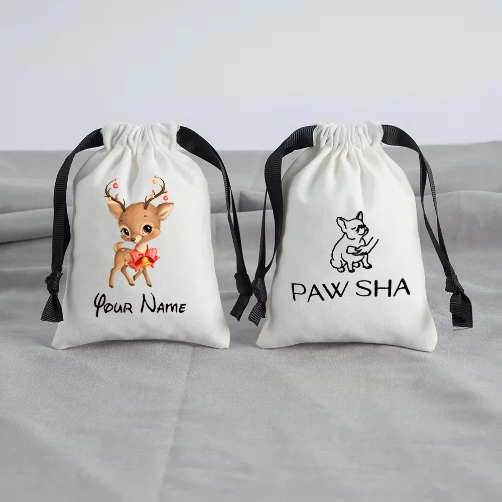 Customizable Name Christmas And Thanksgiving Drawstring Gift Bag Letter Pattern Print Holiday Gift Storage Pouch