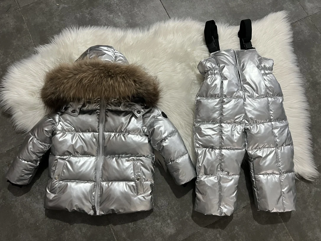 New  Winter Jacket Children down Jackets & Pant 2023 Child duck down Fur hooded girl snowsuit boy Suit set outerwear ski suit