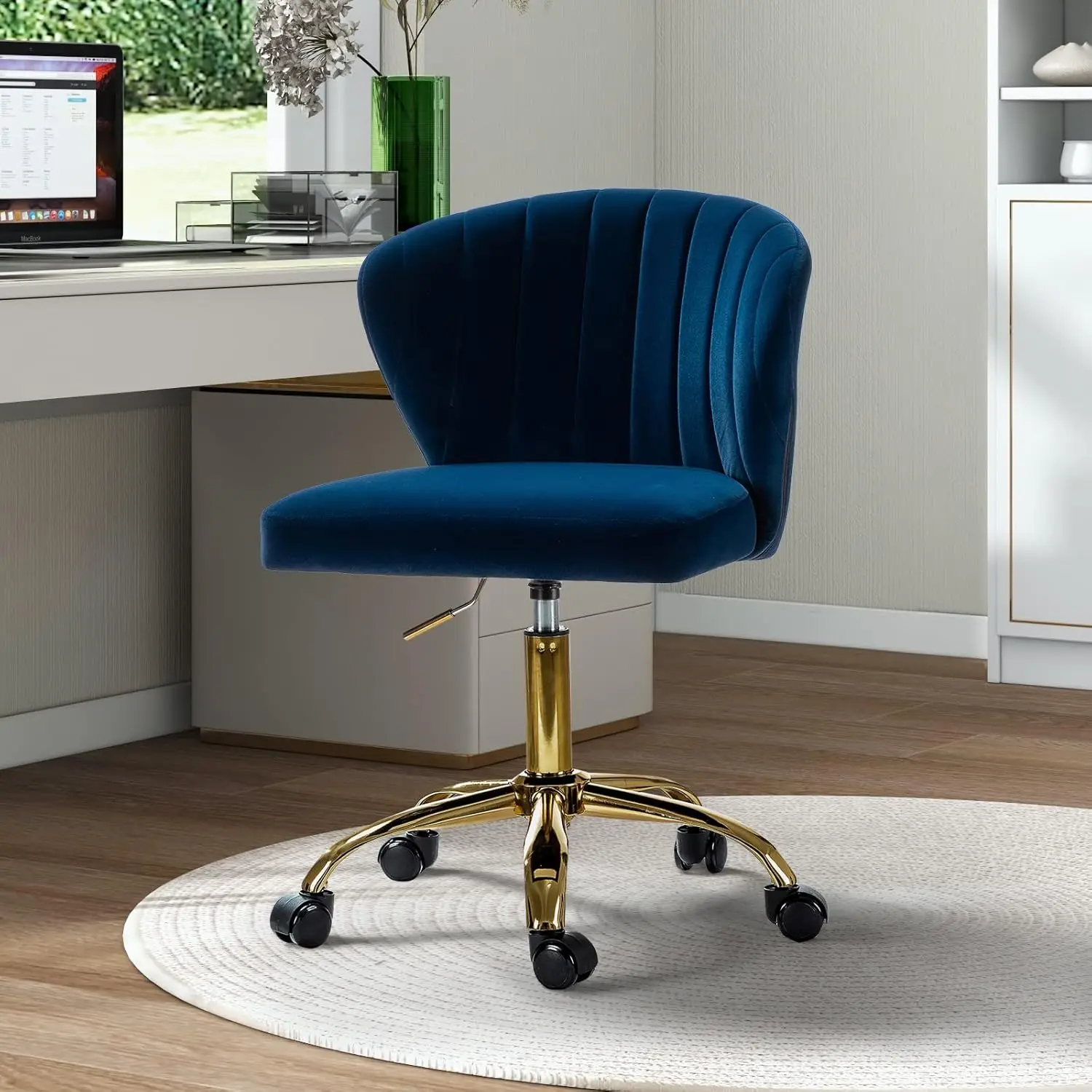 

Office Desk Chairs with Wheels & Gold Base, Modern Velvet Cute Armless Office Chair, Adjustable Low Back Swivel Rolling Chair