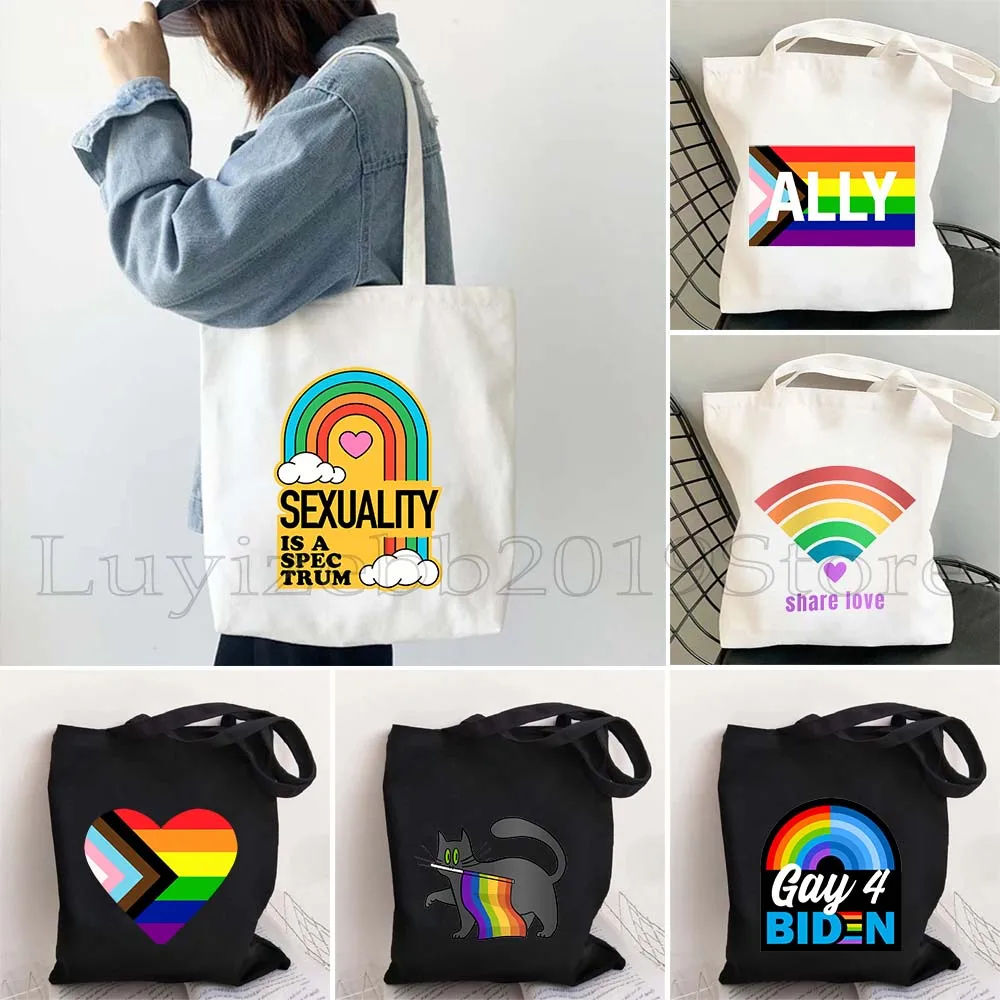 

Women Shopper bag Rainbow Pride Flag Frog LGBT Gift Harajuku Shopping Canvas Shopping Bag girl handbag Tote Shoulder Lady Bag