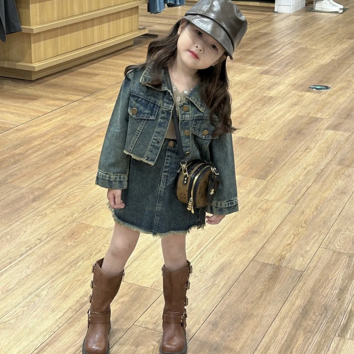 Spring and Autumn Girls' Set Fashionable New Style Children's Retro Vintage Cowboy Coat Half Skirt Two piece Set